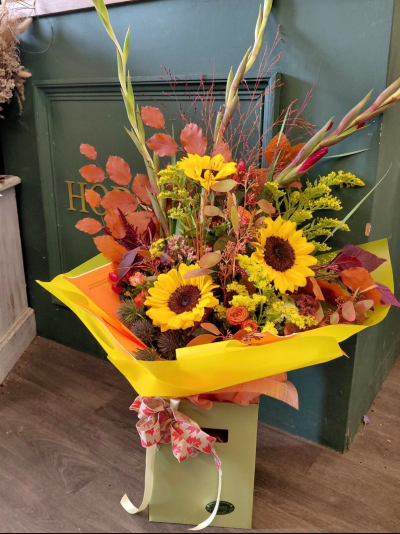 Autumn Surprise - Autumn Surprise - a beautiful filled aqua box of seasonal autumn florals, colours & textures. Flower types may vary as we will only use the freshest seasonal flowers of the day