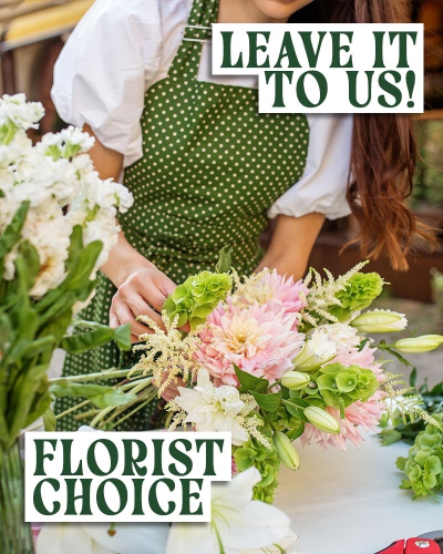 Leave it to Us - Florist Choice Bouquet - Spoilt for choice? Can’t decide? Simply select the occasion and one of our experts will create a unique arrangement using the most beautiful blooms of the day, made especially for your loved one. If you already have an idea of what you want, include this under requests box* This is one of the most popular choices for same day flower delivery. Bouquet will be hand delivered by the local florist. *Fine Print: Every bouquet is hand made and delivered by the local florist. Pictures shown are recent examples of an actual arrangement that were designed by talented florists and later sent out to a customer just like you!Please note that each individual florist cannot guarantee what the flower varieties or colors will be, they do guarantee that your specific arrangement will be fresh, beautiful and that your recipient will love it!